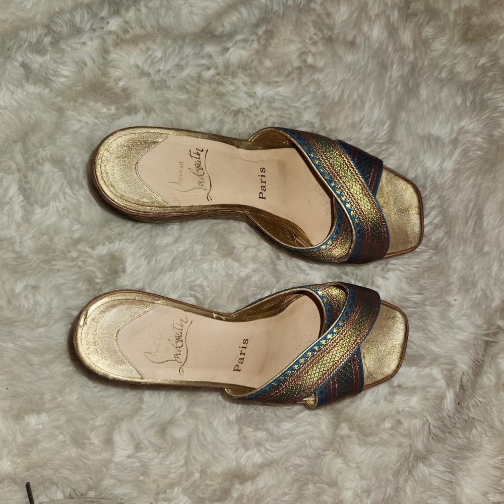 Christian Louboutin Metallic Multicolor Maichor Cork Platform Wedge Sandals 38.5 - Picture 8 of 10